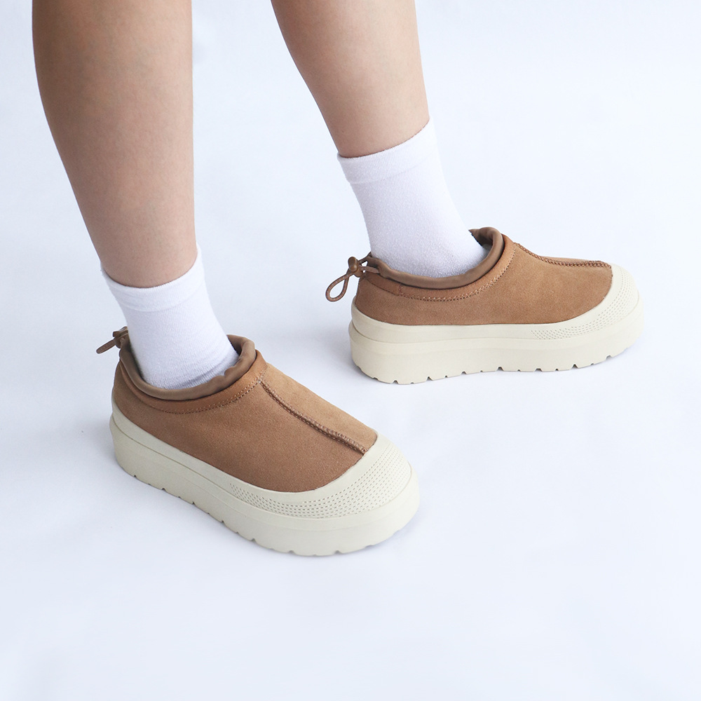 Cowhide snow boots Women's wool waterproof elevating thick soled slip-on cotton shoes_voghion.com