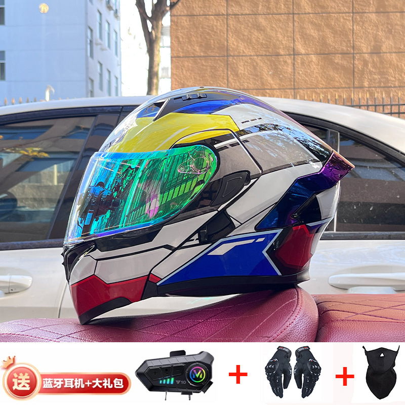 Casco de exposición Orz para hombres y mujeres invierno Doble espejo coche eléctrico semi-Casco completo cola de color coche deportivo ranura Bluetooth cuatro estaciones casco