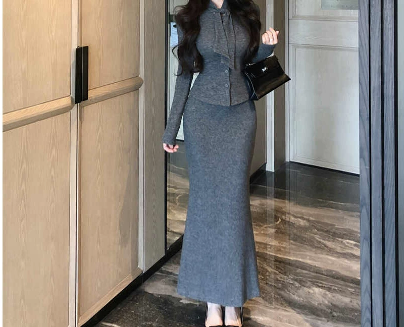 [Набор из двух частей] Xiaosiangfeng серая лента короткий топ женский осенний и зимний хип-хоп юбка длинная юбка соль легкая и зрелая