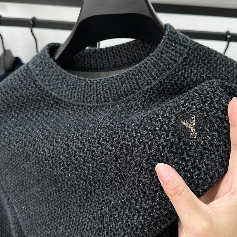 2023 winter men's warm round neck fleece-lined casual antler embroidered fashionable one-piece velvet pullover sweater top