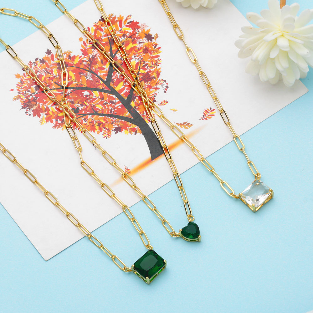 Fashion Elegant Emerald Square Zircon-Inlaid Pendant Short Necklace Wholesale