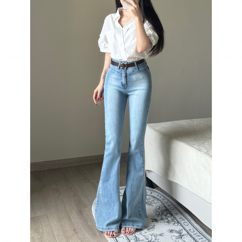 浅色高腰微喇牛仔裤女2025年秋季新款提臀显瘦显高弹力喇叭长裤|undefined