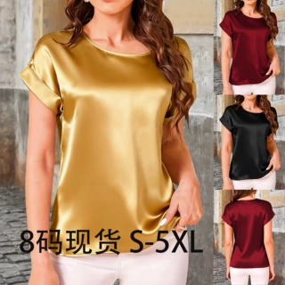 2026夏季欧美外贸亚马逊独立站tk货源气质色丁圆领蝙蝠袖女士T恤