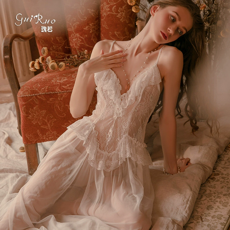 Демисезонный длинный набор пижамы (GuiRuo) — кружевное тюлевое roupa и юбка с подтяжками, легкий