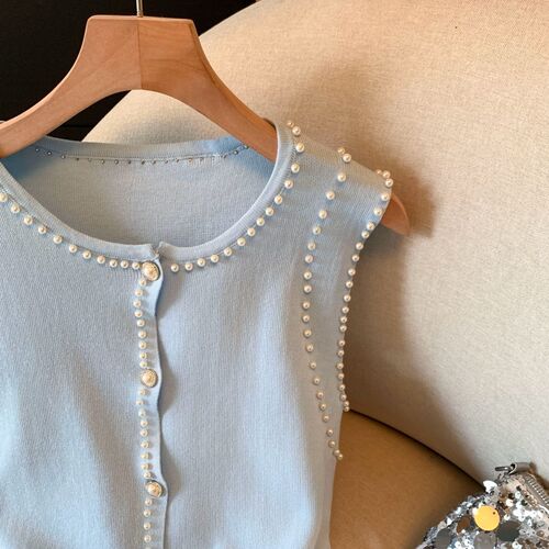 French-style elegant and graceful thin design beaded cardigan vest fashionable sleeveless knit top