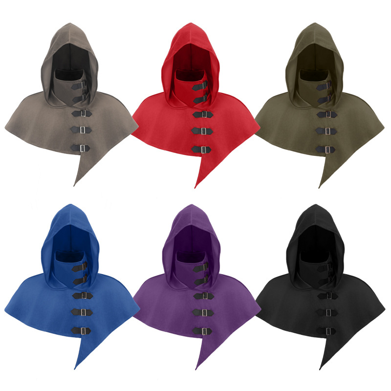 European and American medieval hooded shawl, retro buckle cape, shoulder pads, hood, suede cape, stage performance pirate hat