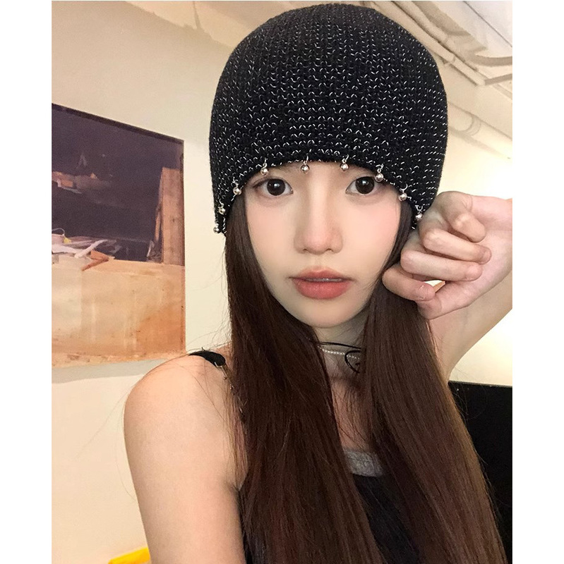 韩国ins辣妹堆堆帽女百搭时尚手工针织镂空显脸小亮丝酷包头冷帽|undefined