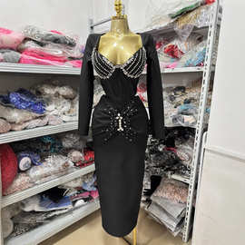 黑色长袖修身烫钻V领胸苗条开叉设计感高档晚宴褶皱包臀长裙礼服