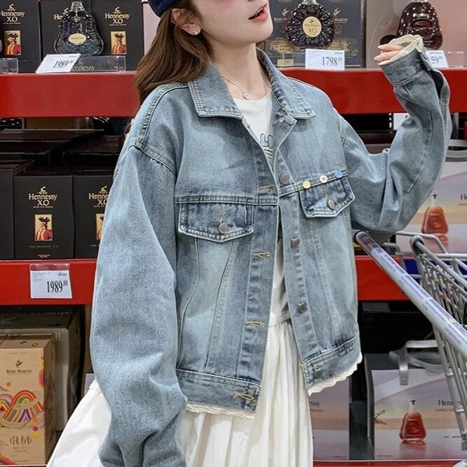 Washed Vintage Lace-Trimmed Denim Jacket for Women, 2026 Spring New Korean Style, Petite, Age-Reducing, Versatile Trendy Jacket Washed Vintage Lace-Trimmed Denim Jacket for Women, 2026 Spring New Korean Style, Petite, Age-Reducing, Versatile Trendy Jacket