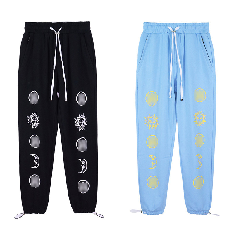 Sun and Moon Print Amiri Letter Drawstring Trendy Brand Slim-Fit Men's Sweatpants American High Street Style Jogger Casual Long Pants