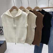 双拉链翻领无袖白色针织背心女2024春装韩版时尚百搭短款洋气上衣
