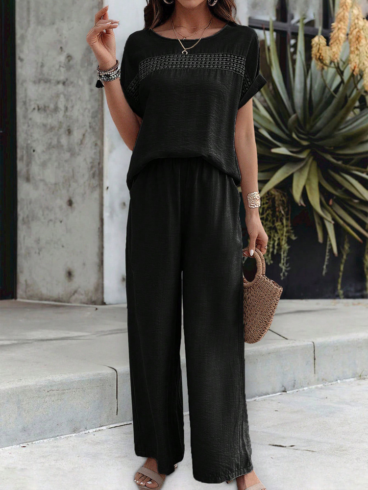 455g Weight Half Sleeve, Half Sleeve Sleeve Length Spandex, Polyester Fabric Type Low Waist Waist Line Short Top Length Pant Co-ord Set, Pant Co-ord Set Sets Type 2 Pieces Set Quantity Casual, Daily Occasion Round Neck, Round Neck Neckline Loose, Loose Fit Type Stripe, Solid Color Pattern Summer, Spring, Autumn Season Women's Gender Hollow Out Design Streetwear, Streetwear Style Apricot Color KaiKuO Women's Fashion Independent Station 2024 Spring Summer Export Casual Fashion Solid Color Short Sleeve Long Pants Hollow Out Set 35