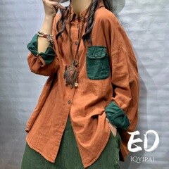 双层棉纱春秋新款宽松百搭印花波点衬衫小众复古文艺翻领长袖衬衣
