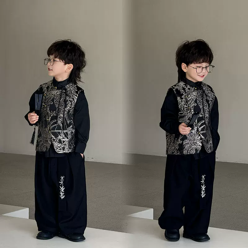 男童马甲套装2025春秋新款刺绣表演服新中式儿童唐装汉服一件代发