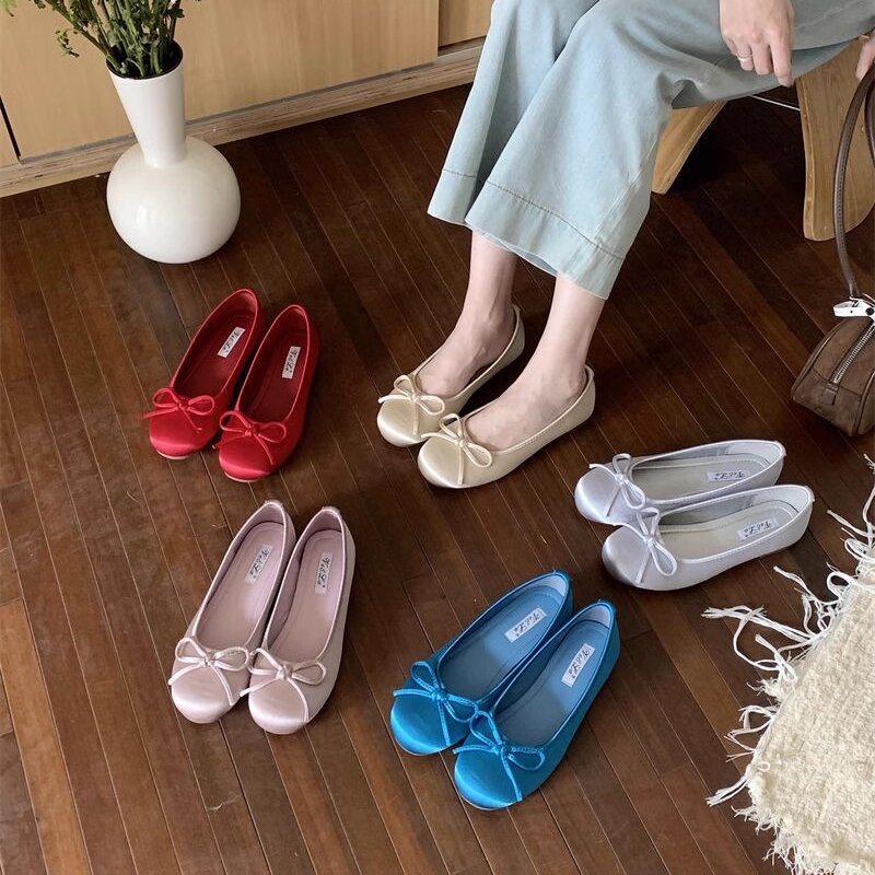 Vela French Retro Blue Ballet Shoes Women's Bow Round Toe Flat Shoes Soft Bottom Shallow Nipple Shoes