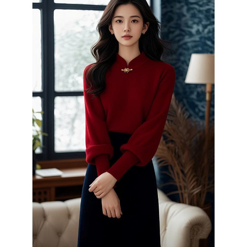 冬季穿搭一整套感新中式新年针织时尚上衣显瘦半身裙两件套|undefined