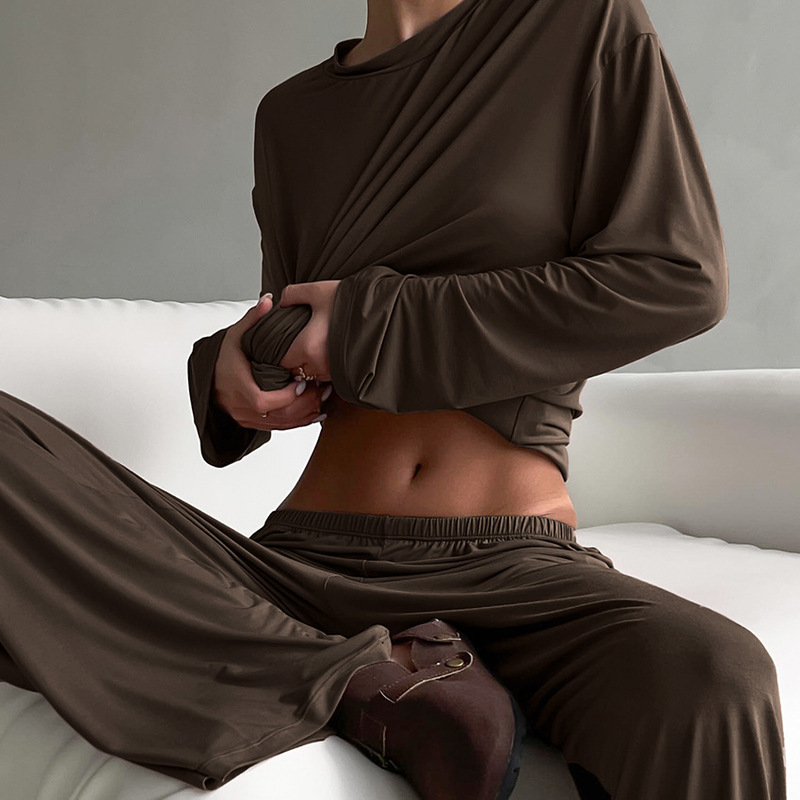 2025 European and American Spring Round Neck Elastic Knitted Long-Sleeved Pants Pajamas Two-Piece Set Loose Casual Women's Home Wear