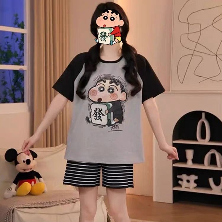 Venta al por mayor transfronteriza con almohadilla para el pecho Pijamas pequeños nuevos pantalones cortos de manga corta de verano para mujer, lindo traje de servicio a domicilio coreano, algodón de imitación