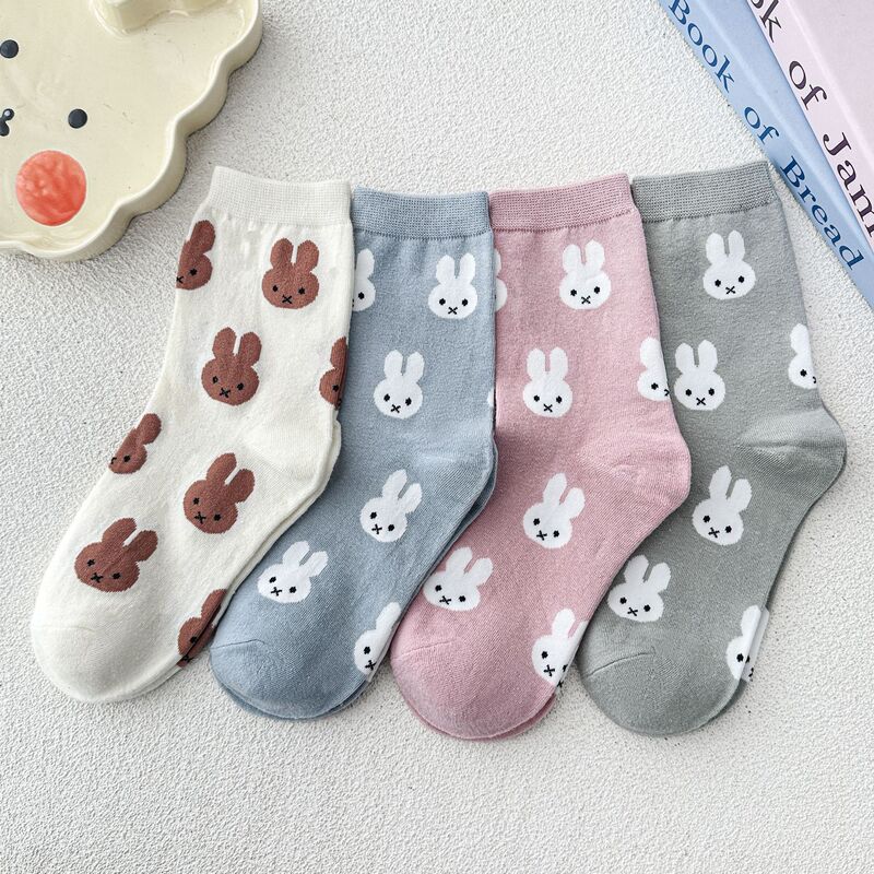 Japanese-Style Cute Rabbit Cartoon Mid-Calf Socks for Women, Combed Cotton High-Top Women's Socks, Casual Socks, New Autumn and Winter Korean Socks