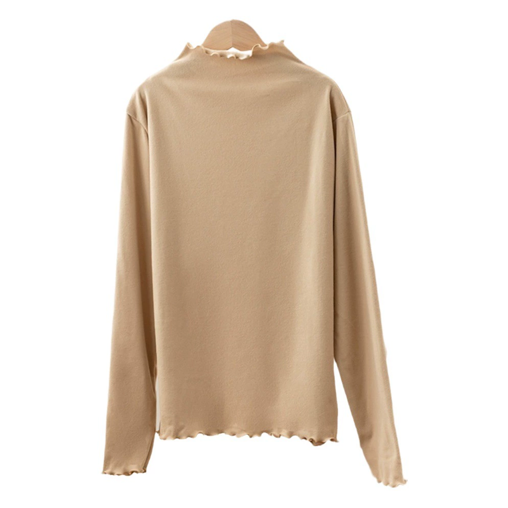 Осенне-зимняя женская термобелье с полувысоким воротником и рюшами, двусторонний теплый топ с длинными рукавами и закругленными краями в корейском стиле.