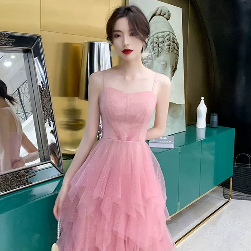 Банкетное вечернее платье 2023, новое розовое элегантное платье на бретелях, маленькое платье для дня рождения, можно носить в коротком стиле в обычное время