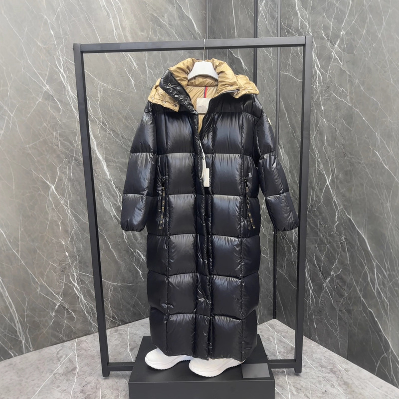 In-Stock Original m Brand Shiny Lacquered Nylon Black and Gold Color-Blocking 90% White Duck down Long Women's down Jacket