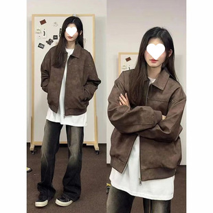 [Store Hot Sale] Hong Kong Style Jacket Retro Autumn and Winter Rivet Pu Suede Lapel Maillard Advanced Easiest for Match Men and Women