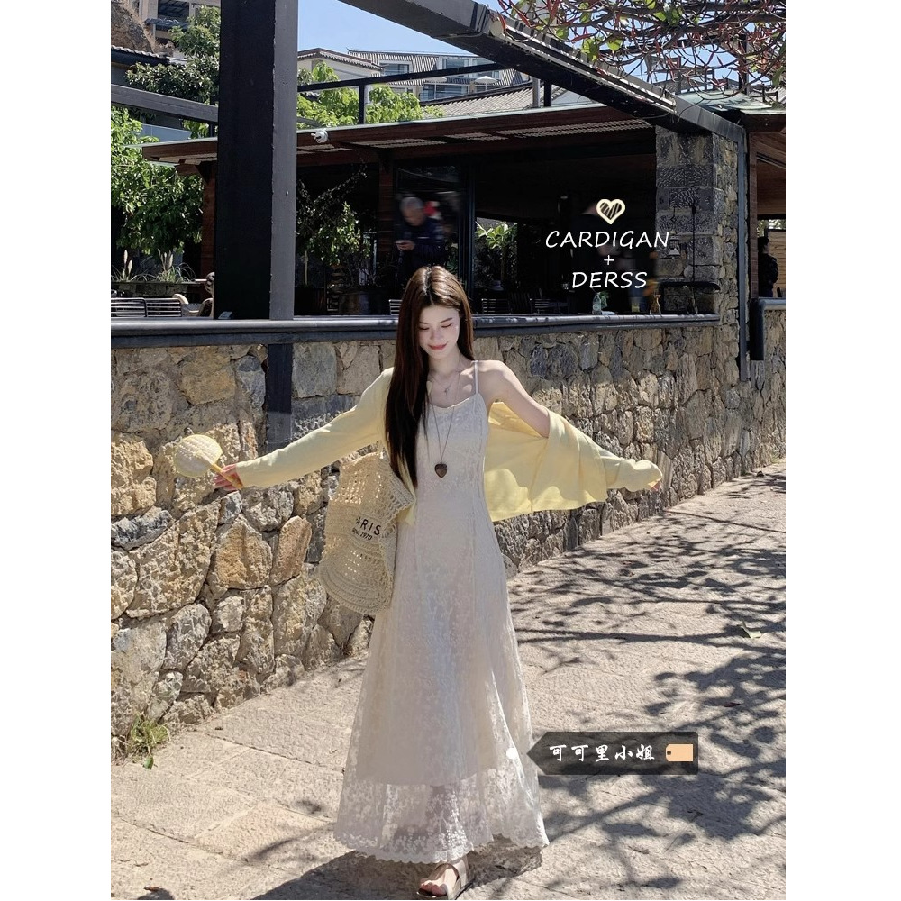 Gentle Style Lace Crochet Suspender Dress 2025 Summer New Holiday Style Waist Slimming Look Long Skirt for Women