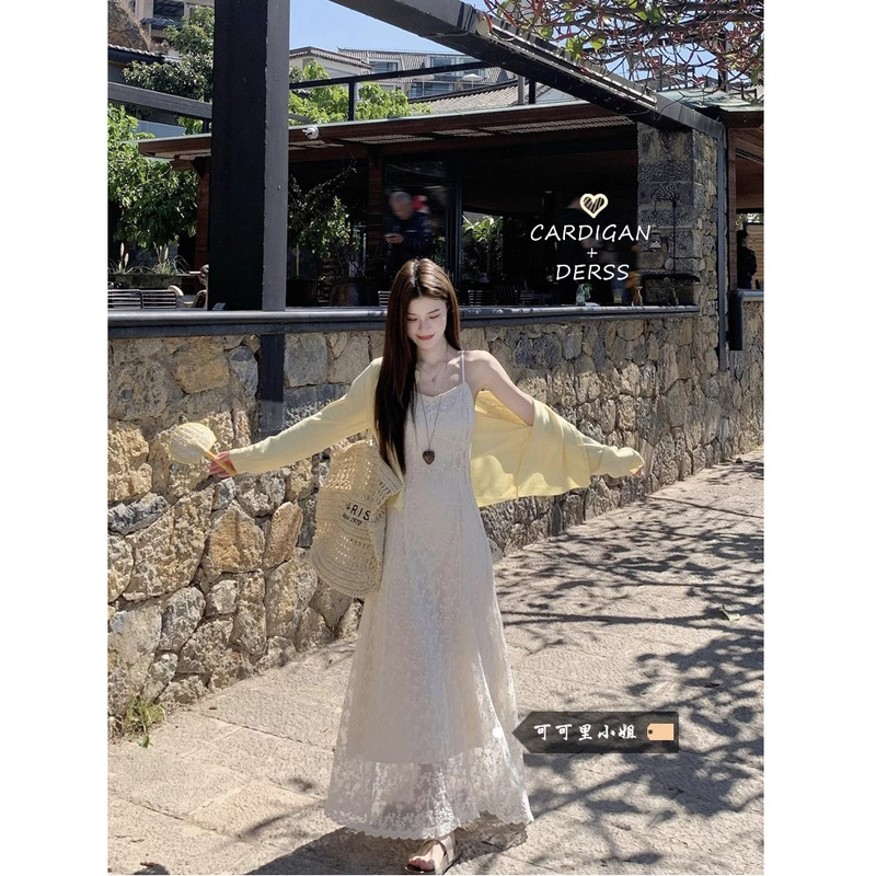 Gentle Style Lace Crochet Suspender Dress 2025 Summer New Holiday Style Waist Slimming Look Long Skirt for Women