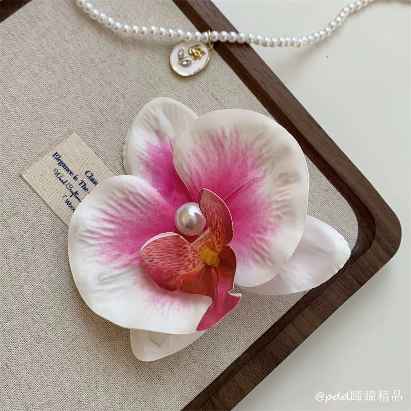Заколка для волос Phalaenopsis орхидея, боковая короносная заколка с жемчужиной в центре, многоцветная флористическая аксессуар