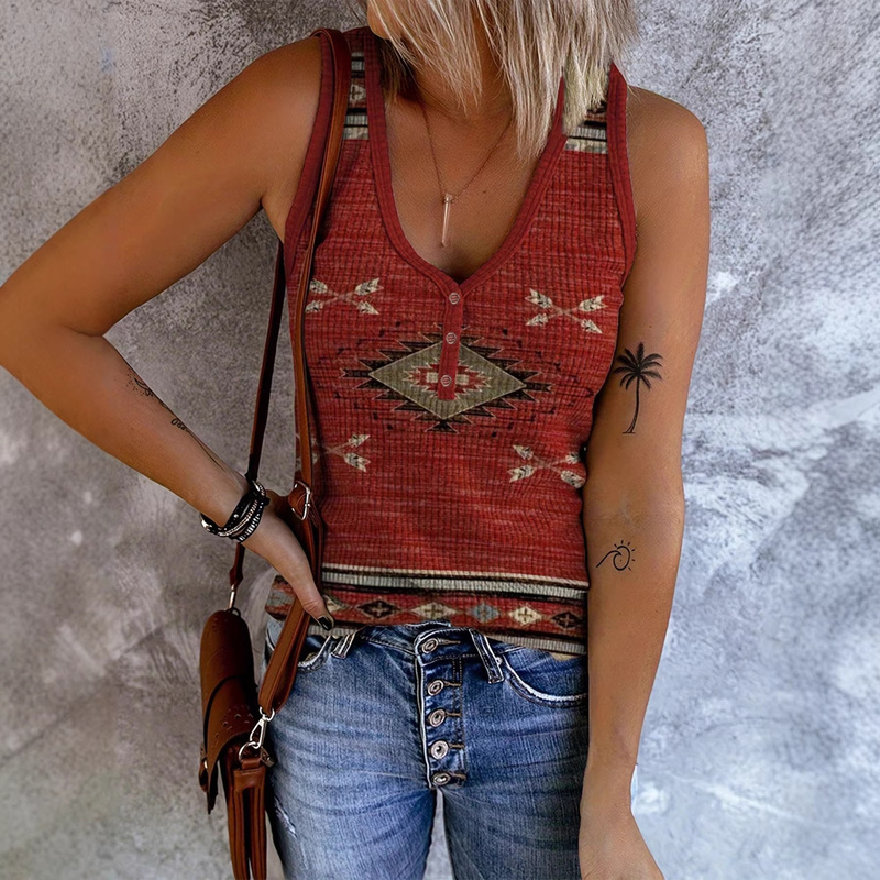 Cross-Border Hot-Selling Independent Site Shein Women's Western Ethnic Style Printed V-Neck Vest with Buttons, Sleeveless, Retro Style Cross-Border Hot-Selling Independent Site Shein Women's Western Ethnic Style Printed V-Neck Vest with Buttons, Sleeveless, Retro Style