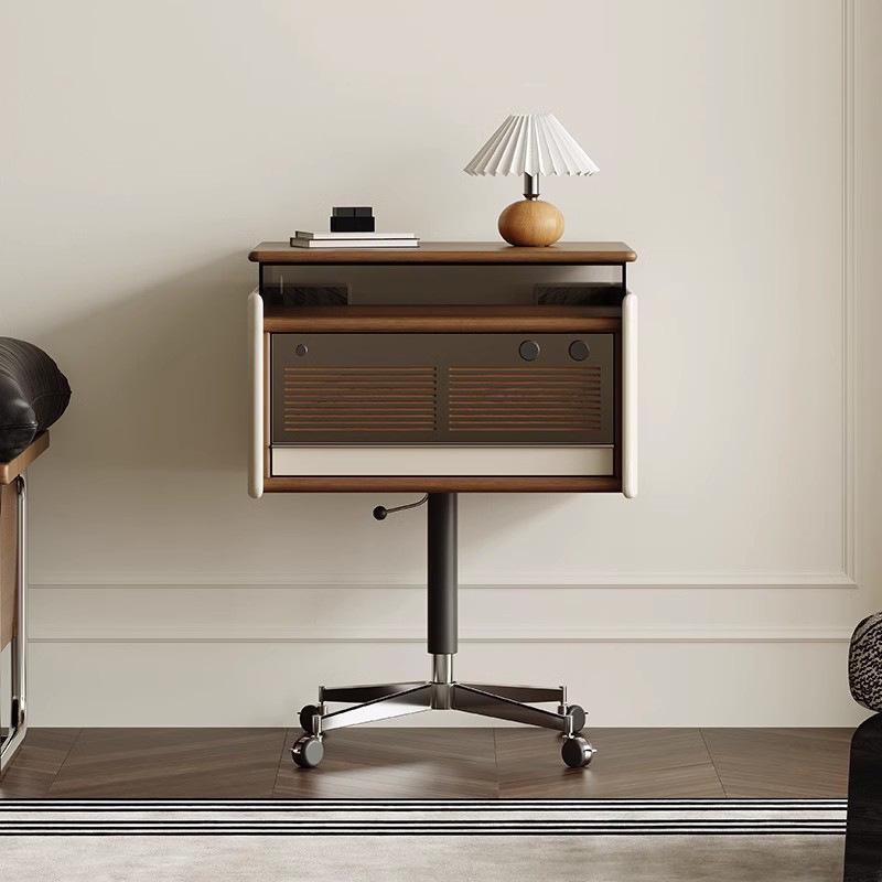Elevación de madera maciza sofá giratorio mesa lateral mesita de noche de madera de cerezo sala de estar armario lateral de almacenamiento gabinete de disco retro móvil