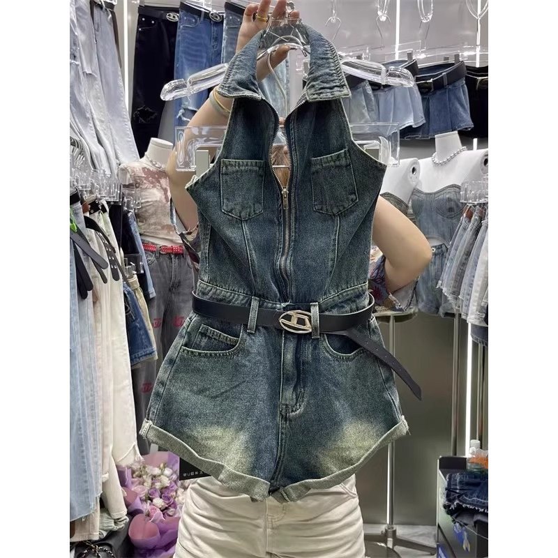 Retro Backless Halterneck New Style Sleeveless Lapel Zipper High Waist Slimming Shorts Women's Fashion Denim Jumpsuit