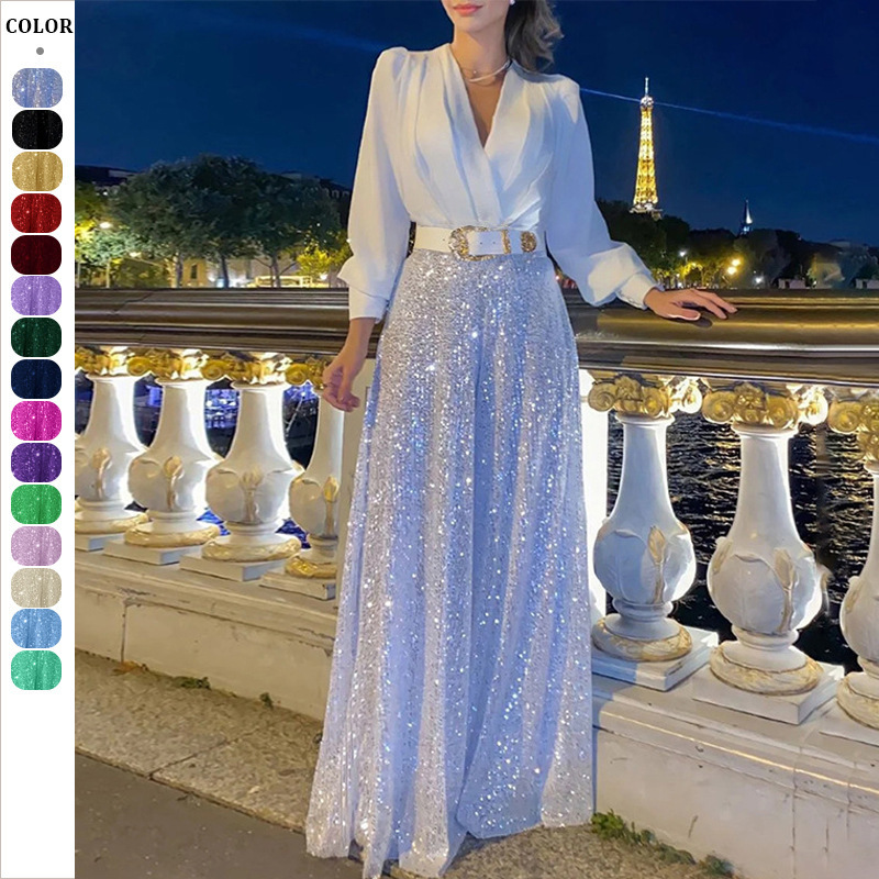 2025 Dress Women's Spring & Fall High-End V Neck Long-Sleeved Shirt Elegant Elegant Waist Sequined French Wide-Leg Pants 2025 Dress Women's Spring & Fall High-End V Neck Long-Sleeved Shirt Elegant Elegant Waist Sequined French Wide-Leg Pants