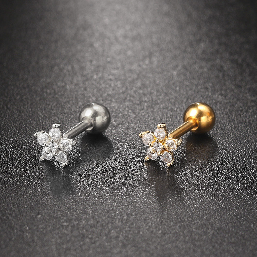 Zircon Inlay Material Simple Style Cross Round Flower Copper Plating Inlay Zircon Ear Studs 1 Piece