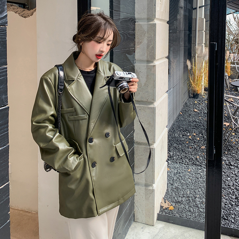 Actual shooting of new Korean loose green Pu small leather clothes women's casual handsome big pocket retro fried Street suit coat