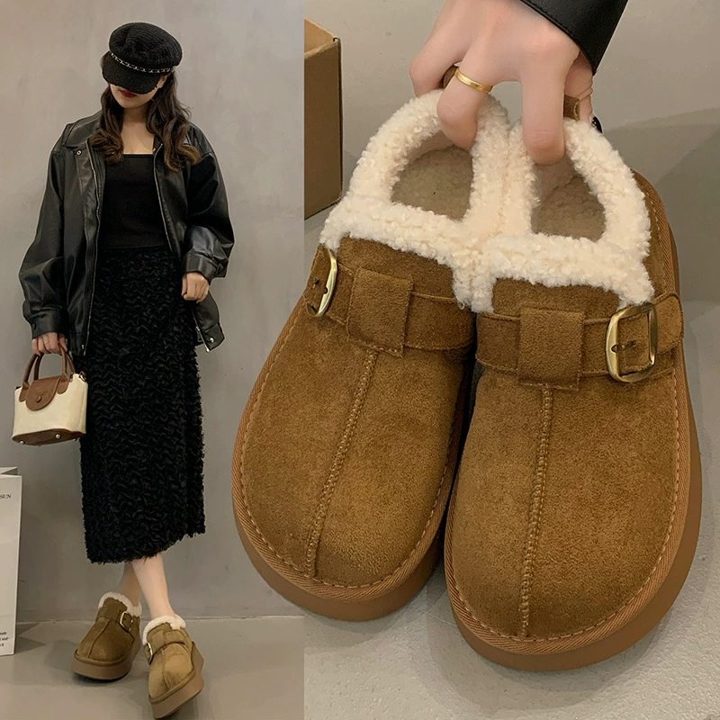 Retro thick-soled plus velvet Birkenstock shoes for women 2025 new winter outer wear non-slip warm Northeast thickened cotton shoes