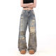 National Trendy Retro Camouflage Destruction Micro-Lara Tooling Jeans Women's Autumn and Winter New High Waist Straight Leg Pants for 2024