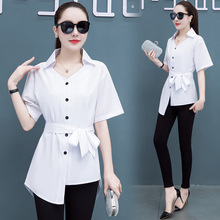 衬衫女装上衣2024夏装短袖宽松雪纺衫不规则遮肚通勤不规则设计