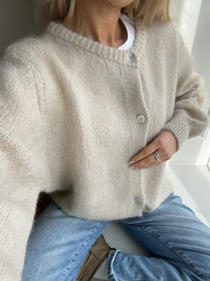 Áo cardigan len dệt kim dáng mỏng nhẹ cài nút một hàng, tay dài cổ tròn nữ — hoa hồng đỏ, màu be, màu cam, màu hoa cà chi tiết 124