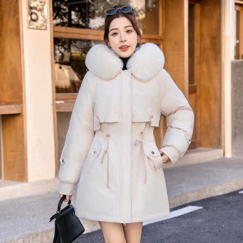 Cuello de cabello para superar la chaqueta de algodón de invierno femenino con lana y chaqueta de algodón gruesa, chaqueta de algodón media y larga