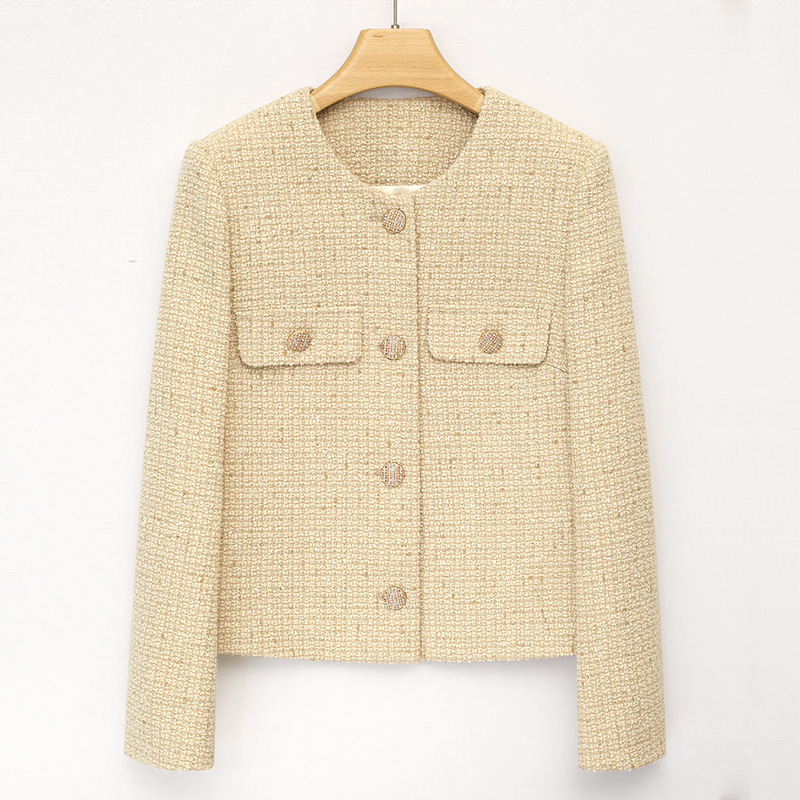 Beige Gold Spring and Autumn Thick Versatile Wool Tweed Top, Elegant and Simple Autumn and Winter Women's Short Jacket in Chanel Style