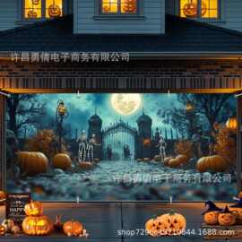 热卖恐怖骷髅女鬼万圣节车库门横幅背景布挂布派对旗帜摄影道具