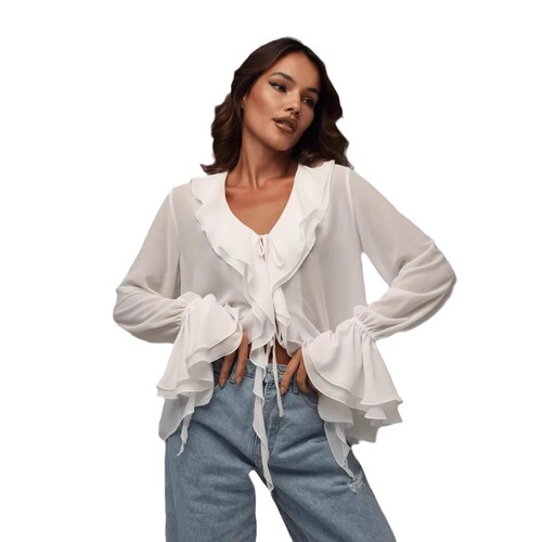 Springtime European and American-style women's fashion: Versatile V-neck long-sleeve ruffle-trimmed lace-up blouse