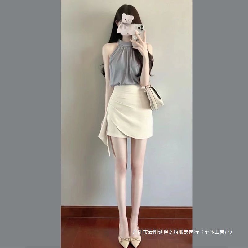 小个子显高时尚套装女夏装纯欲挂脖背心上衣高腰不规则半裙两件套|undefined