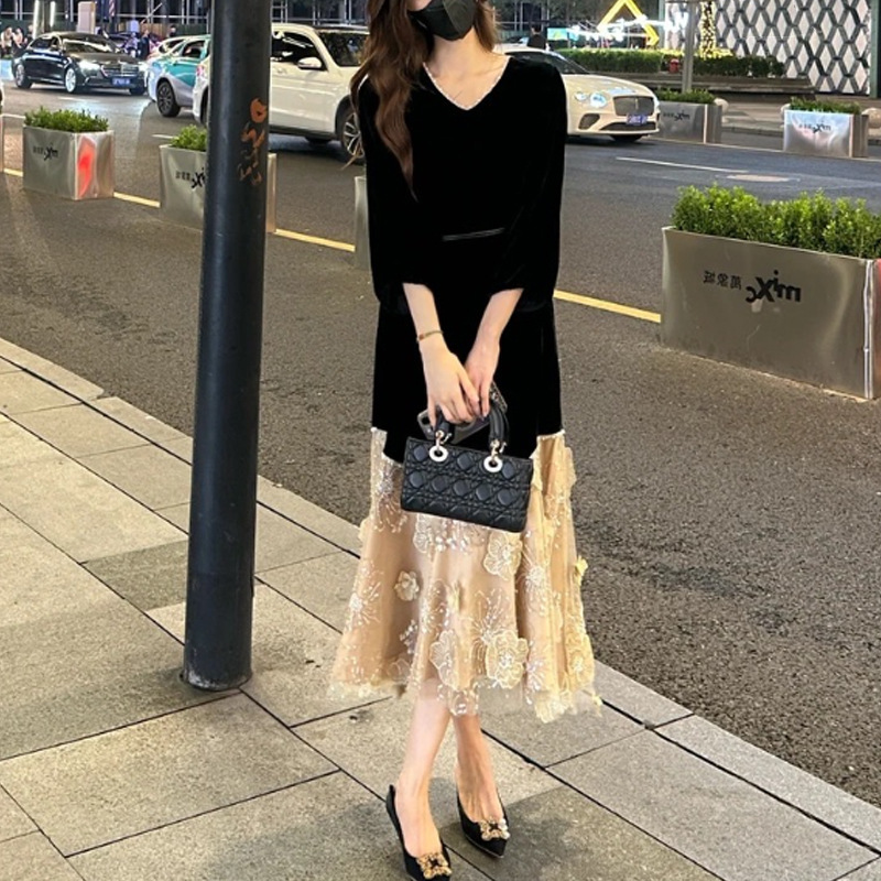 JUEMEI 时髦法式气质连衣裙女秋季新款时髦洋气中长款拼接长裙|undefined