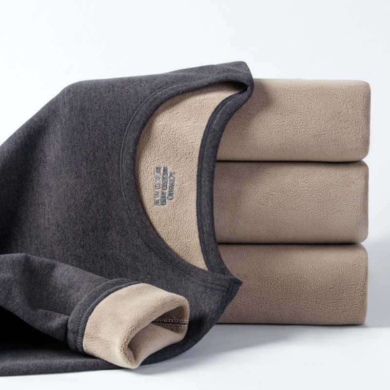 Ropa interior térmica para hombre con forro polar, forro polar de cordero extra grueso, color sólido, capa base cálida, conjunto térmico con cuello redondo grueso para hombres y mujeres de mediana edad y mayores.