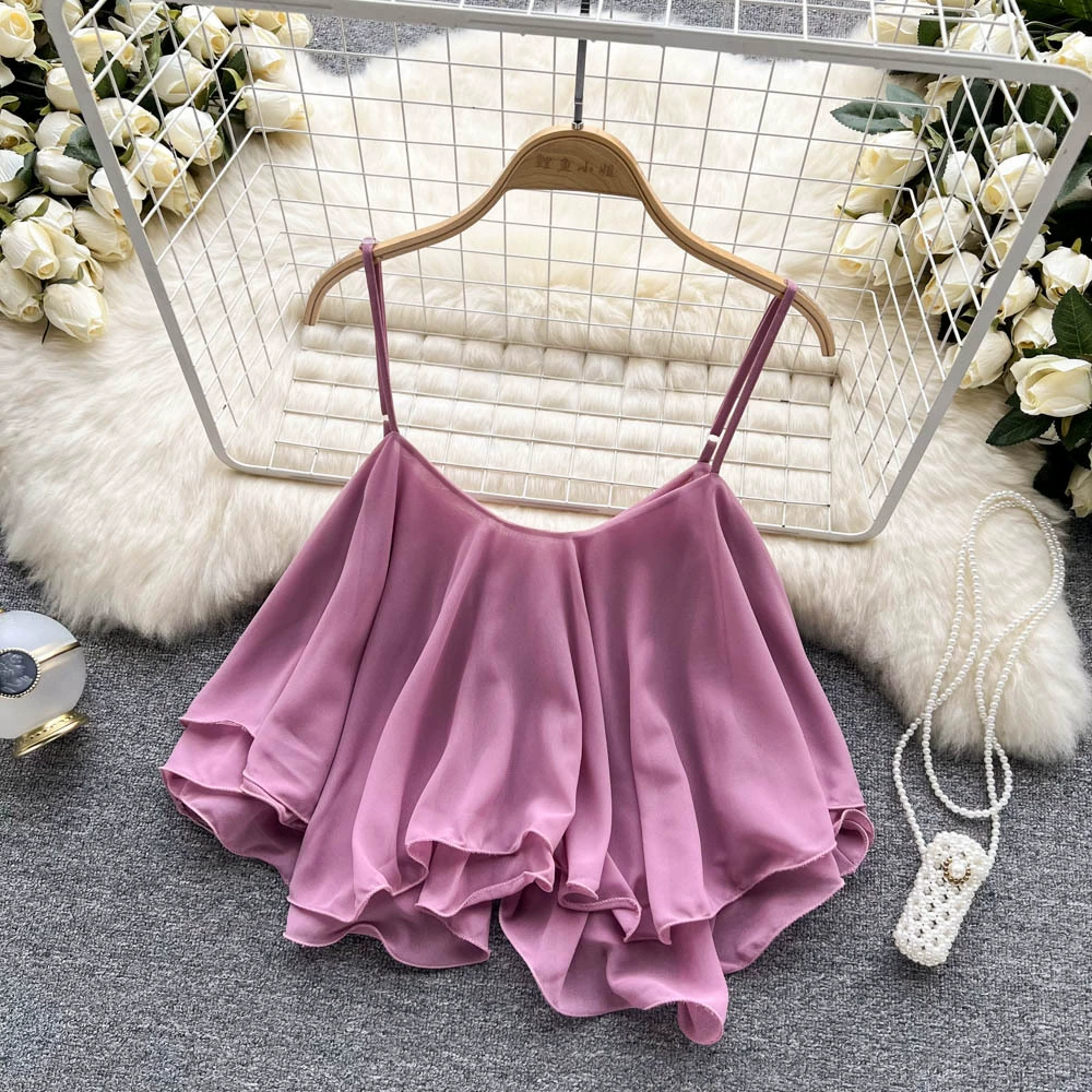 Off-shoulder Ruffled Chiffon Blouse, Double-Layer Sleeveless, 2022 Summer, One Size