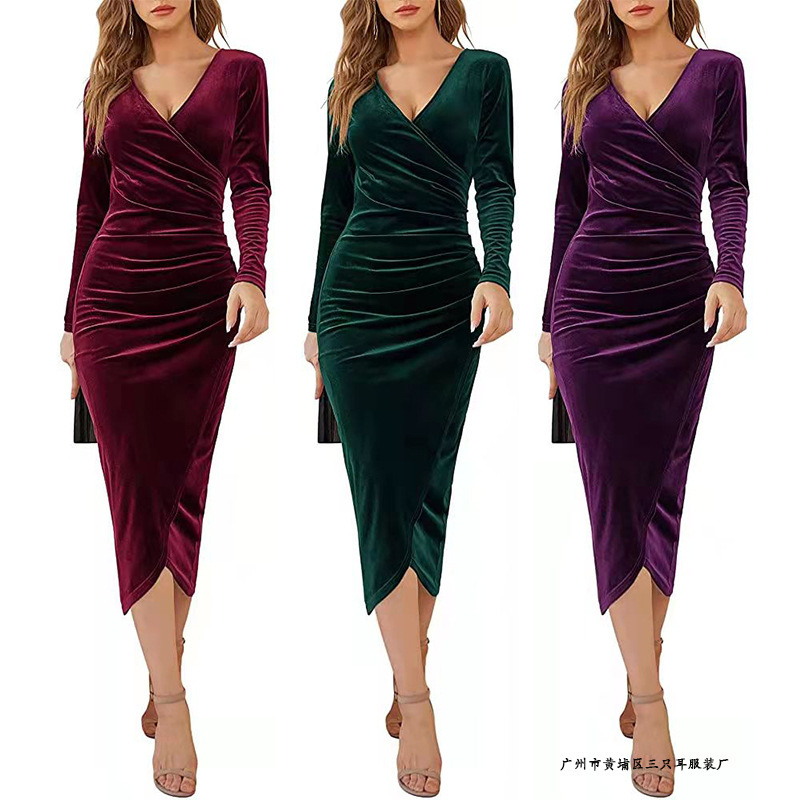 2021 Amazon European and American Cross-Border Autumn and Winter V-Neck Hip-Covering Asymmetrical Pure Color Sexy Retro Midi Dress