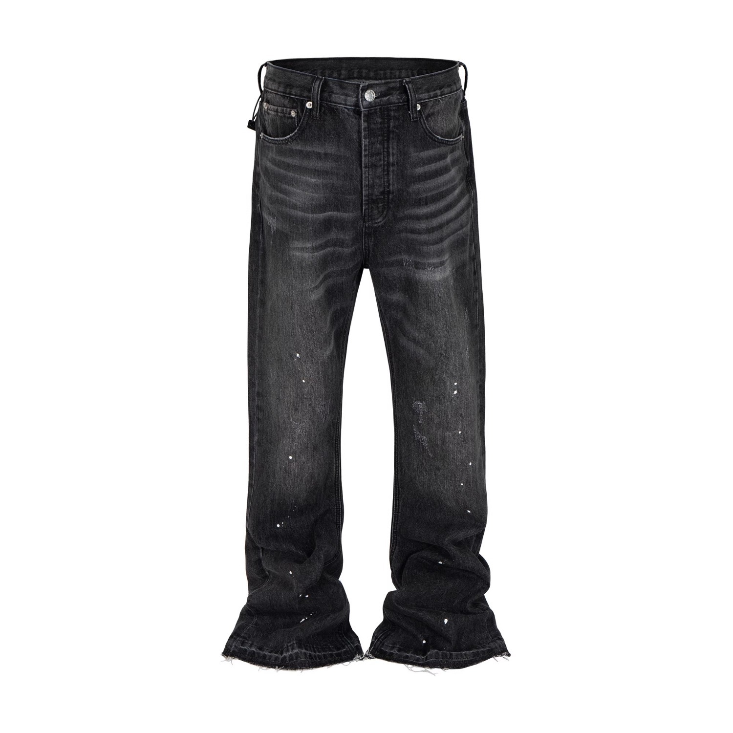 JDKZ Men's Retro Paris Style Ink Splashed Jeans High Street Trendy Brand Straight Leg Slightly Flared Raw Edge Trousers_voghion.com